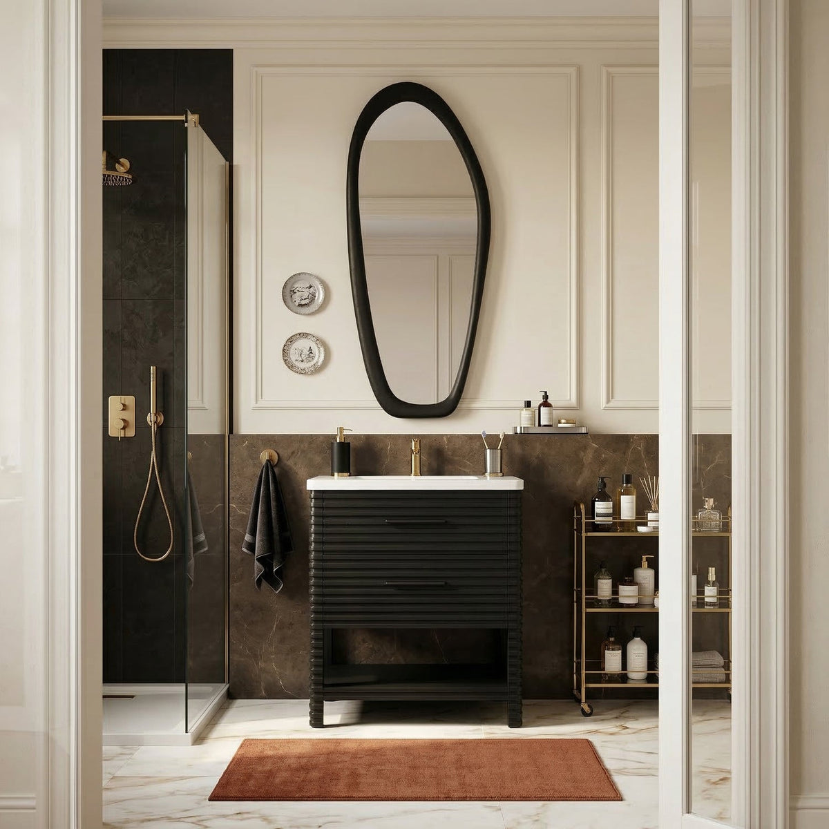 Oakwell 30in Black Engineered Stone And Solid Wood Bathroom Vanity