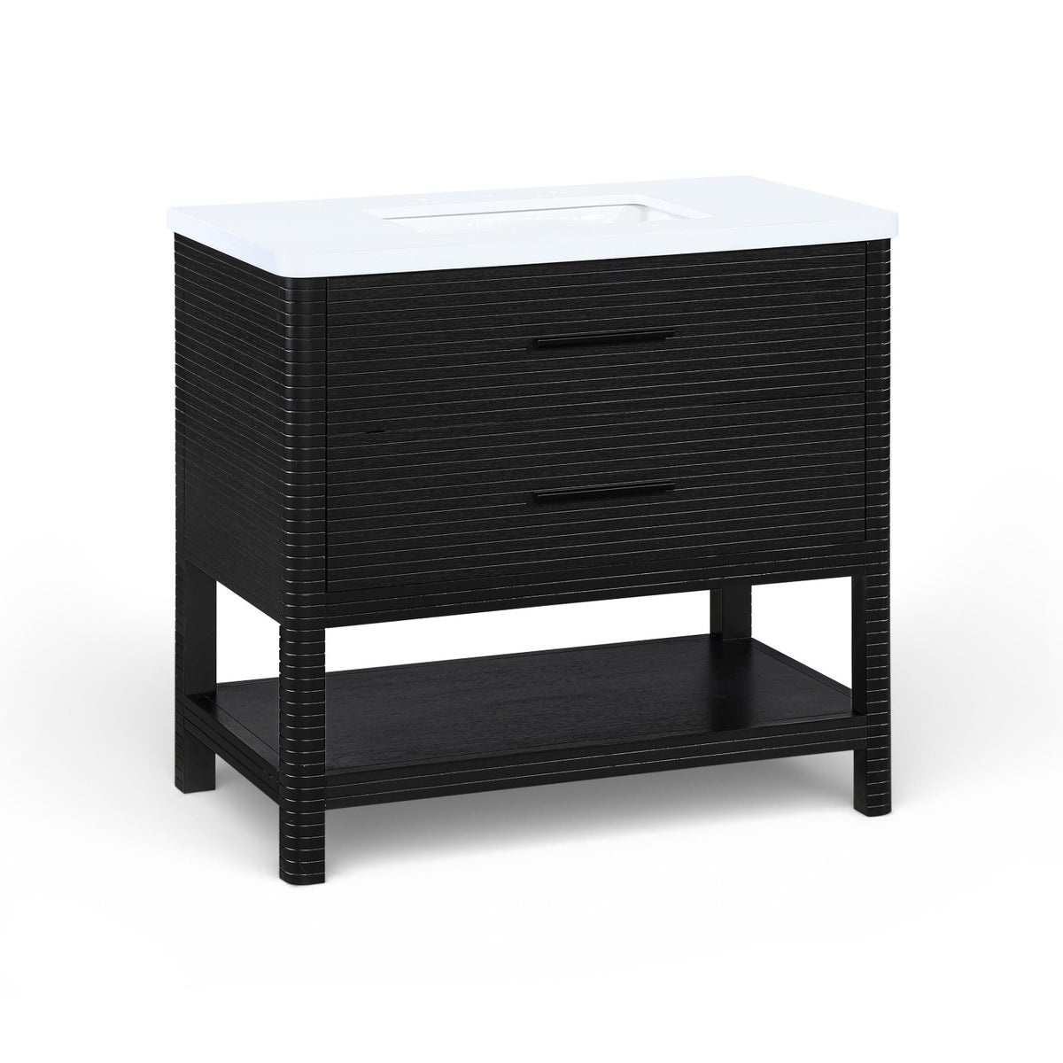 Oakwell 36" Black Engineered Stone And Solid Wood Bathroom Vanity in rich black wood, white stone top, primary product view
