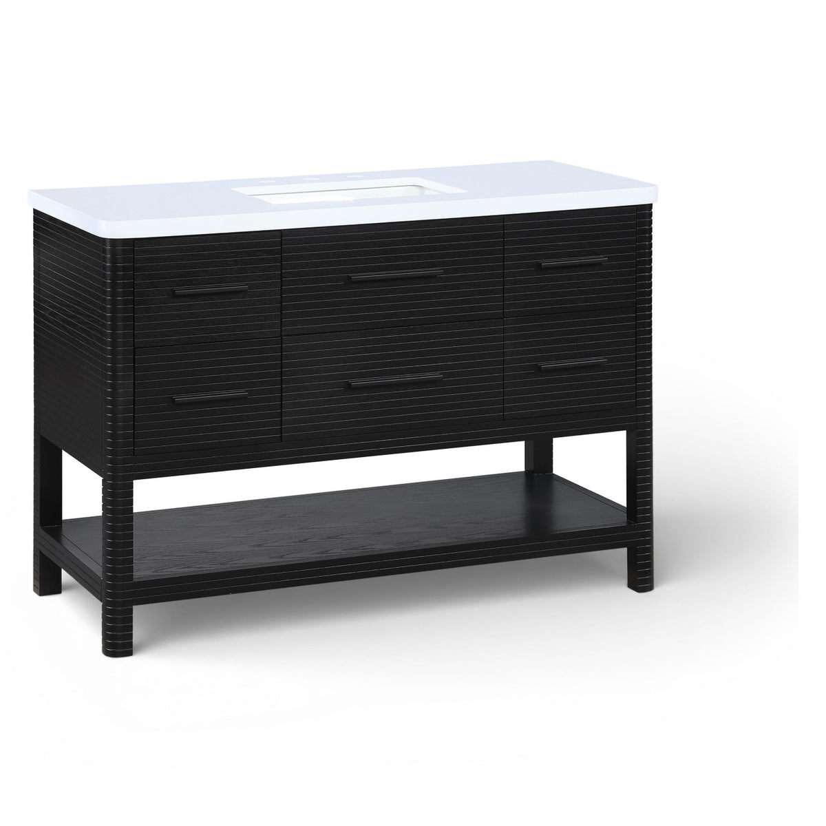 Oakwell 48" Black Engineered Stone And Solid Wood Bathroom Vanity in rich black wood, white stone top, primary product view