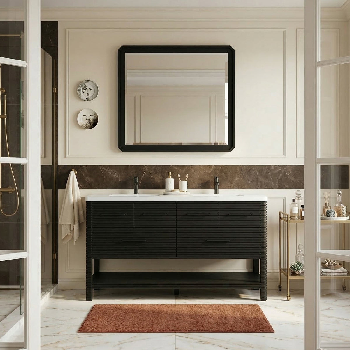 Oakwell 60in Black Engineered Stone And Solid Wood Bathroom Vanity