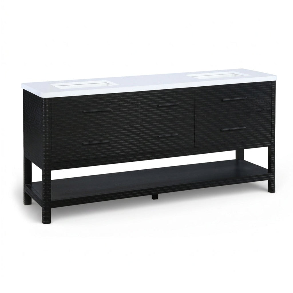 Oakwell 72" Bathroom Vanity in black wood with white engineered stone top, primary product view