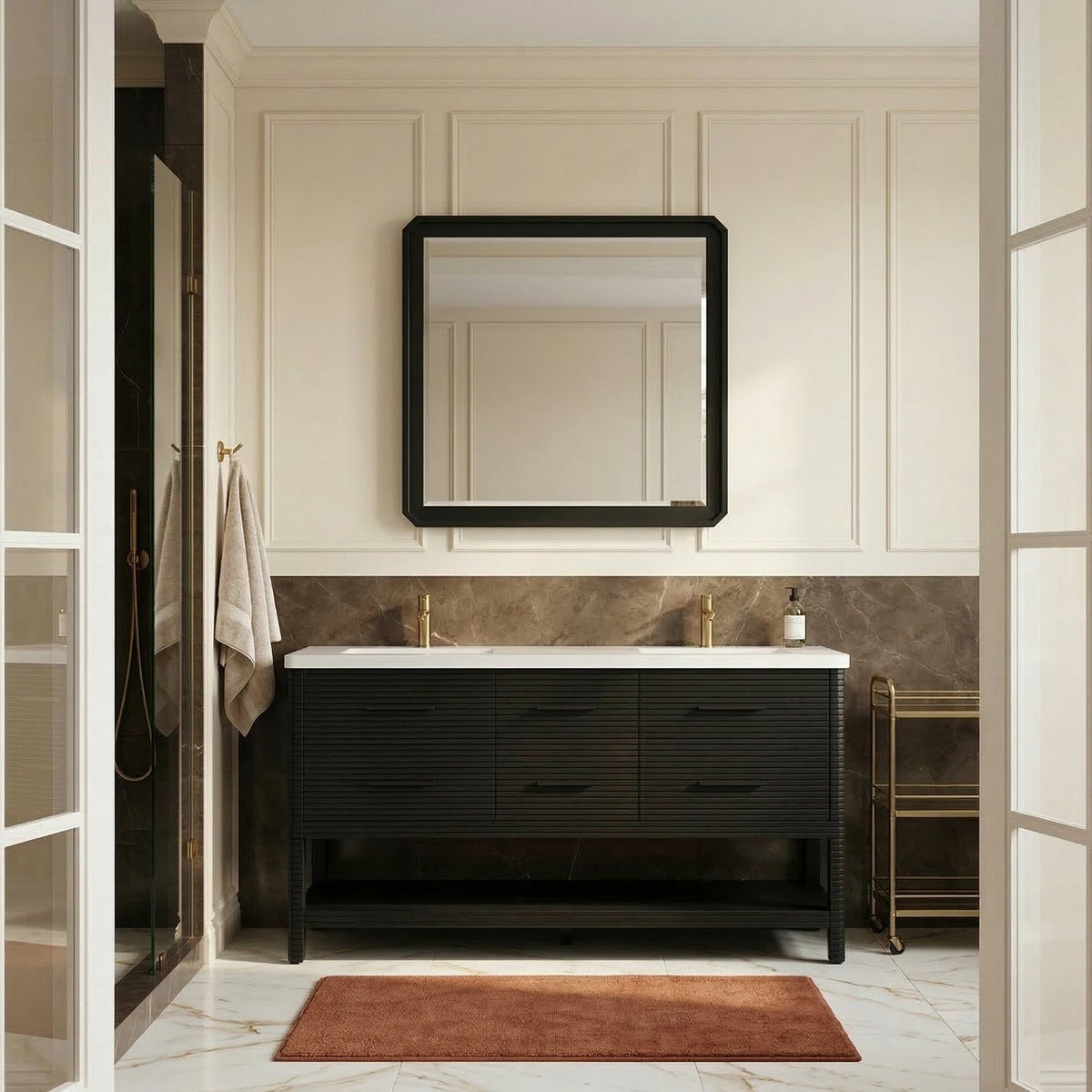 Oakwell 72in Black Engineered Stone And Solid Wood Bathroom Vanity