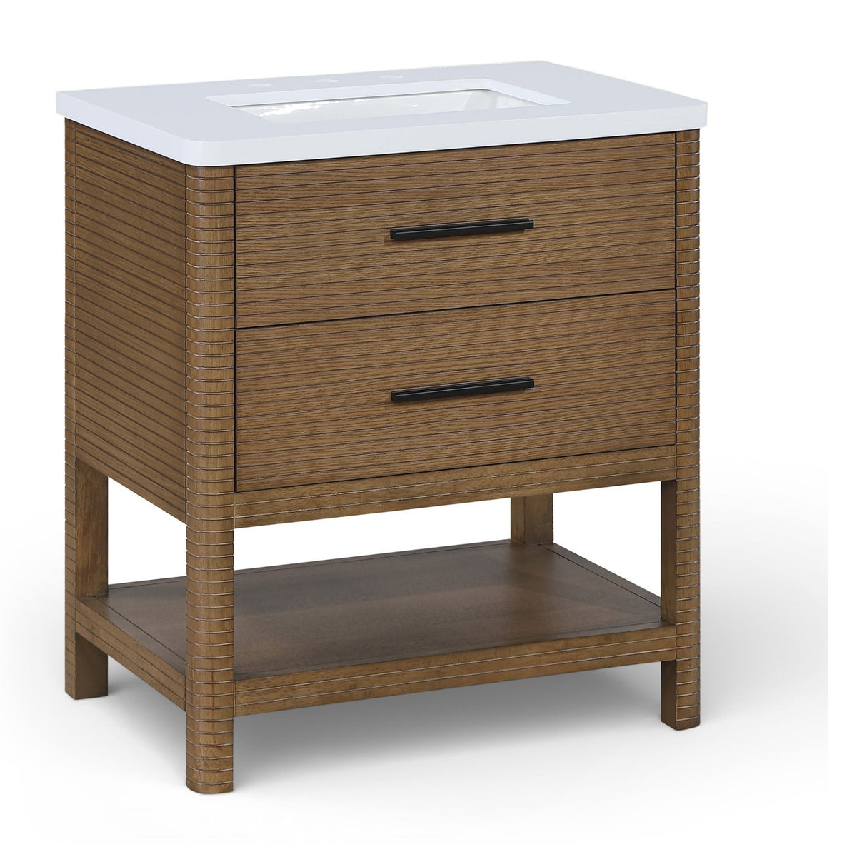 Oakwell 30" Brown Engineered Stone And Solid Wood Bathroom Vanity in rich brown wood, white stone top, primary product view