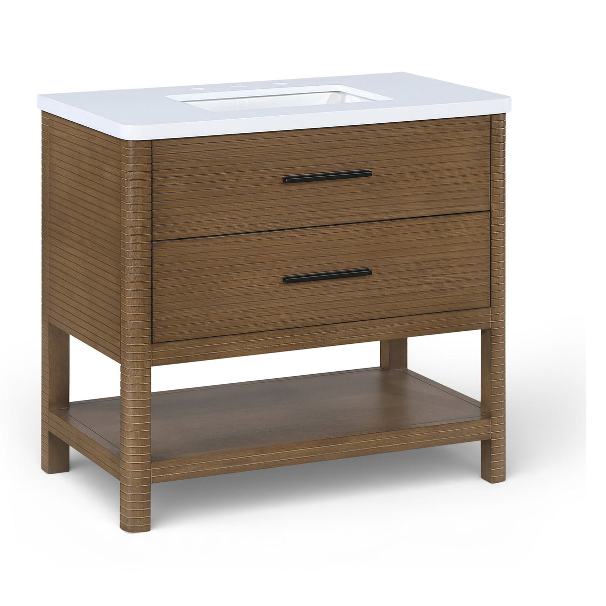 Oakwell 36" Brown Engineered Stone And Solid Wood Bathroom Vanity in rich brown wood, white stone top, primary product view