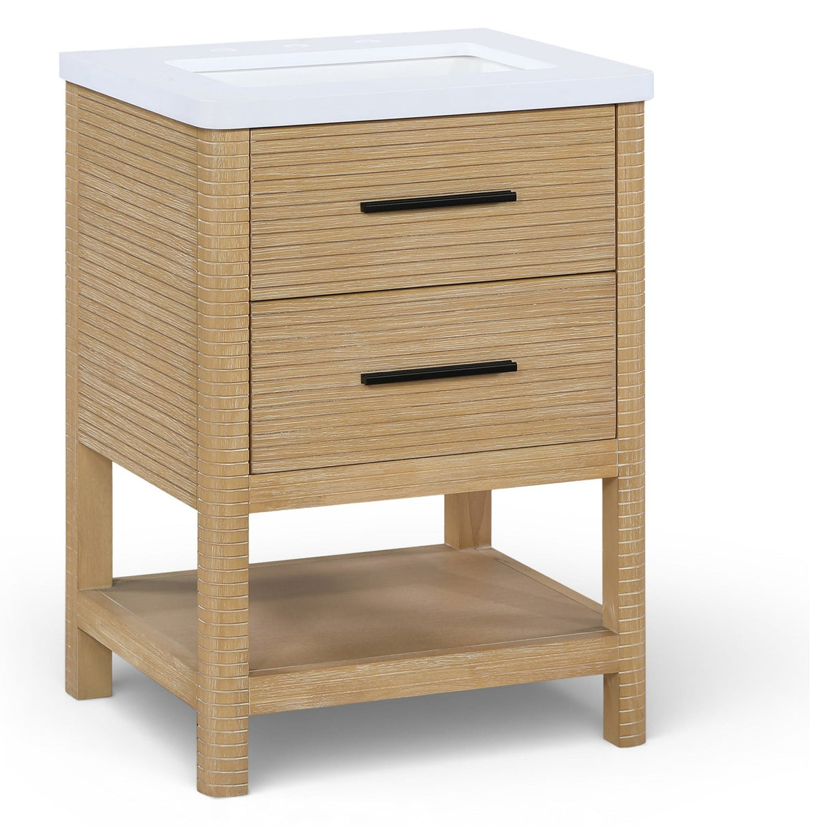 Oakwell 24" Natural Engineered Stone And Solid Wood Bathroom Vanity in rich natural wood, white stone top