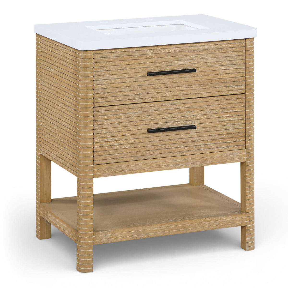 Oakwell 30" Natural Engineered Stone And Solid Wood Bathroom Vanity in rich natural wood, white stone top