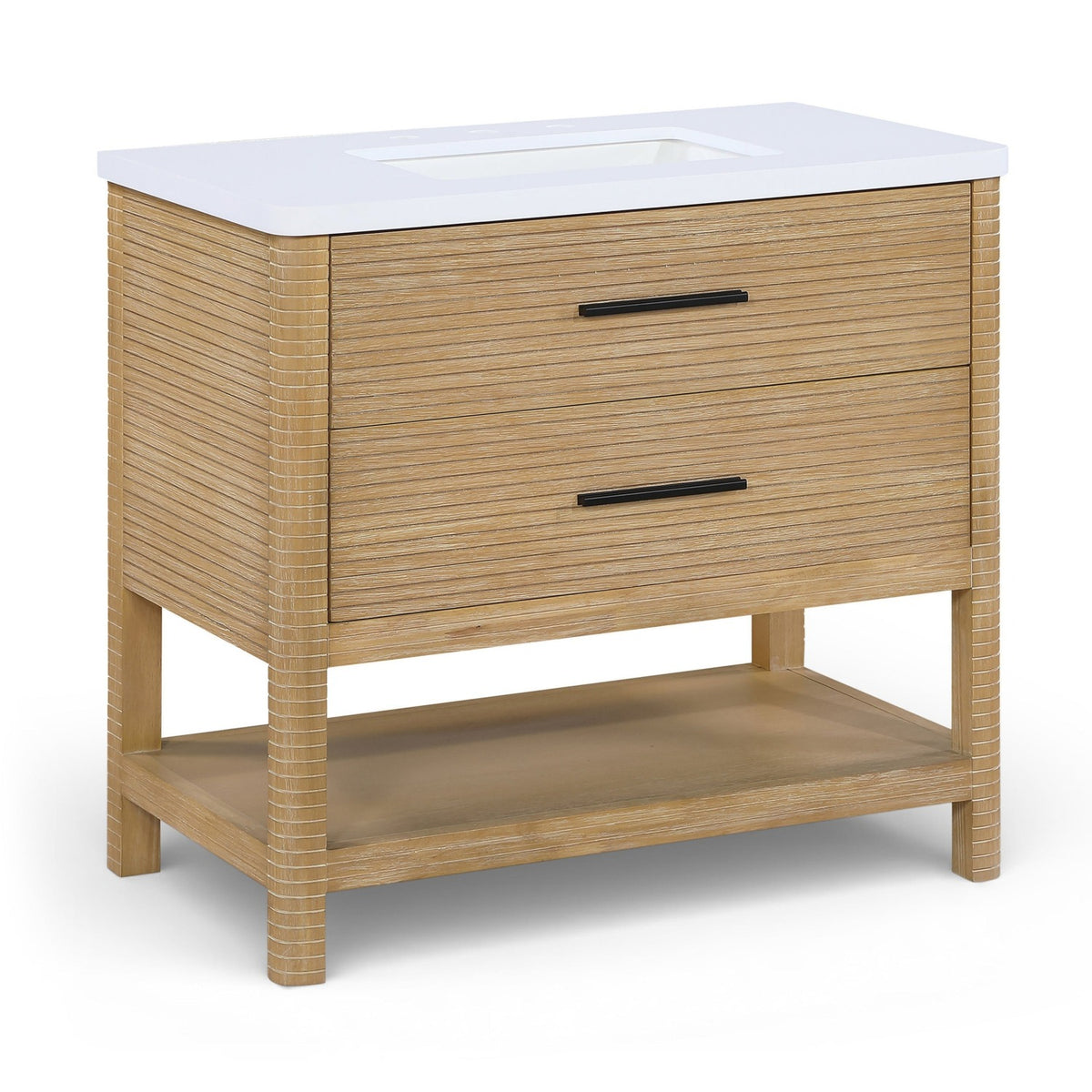 Oakwell 36" Natural Engineered Stone And Solid Wood Bathroom Vanity in rich natural wood, white stone top