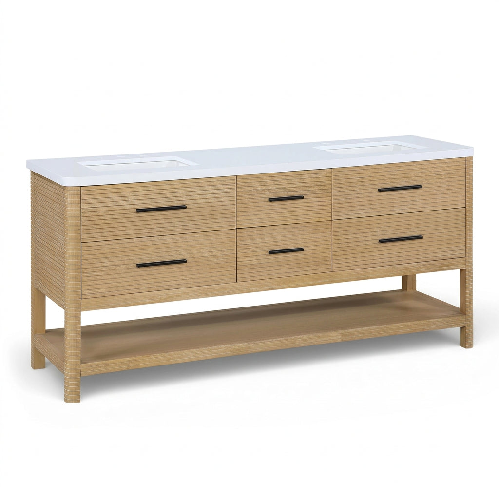 Oakwell 72" Bathroom Vanity in natural wood with white engineered stone top, primary product view