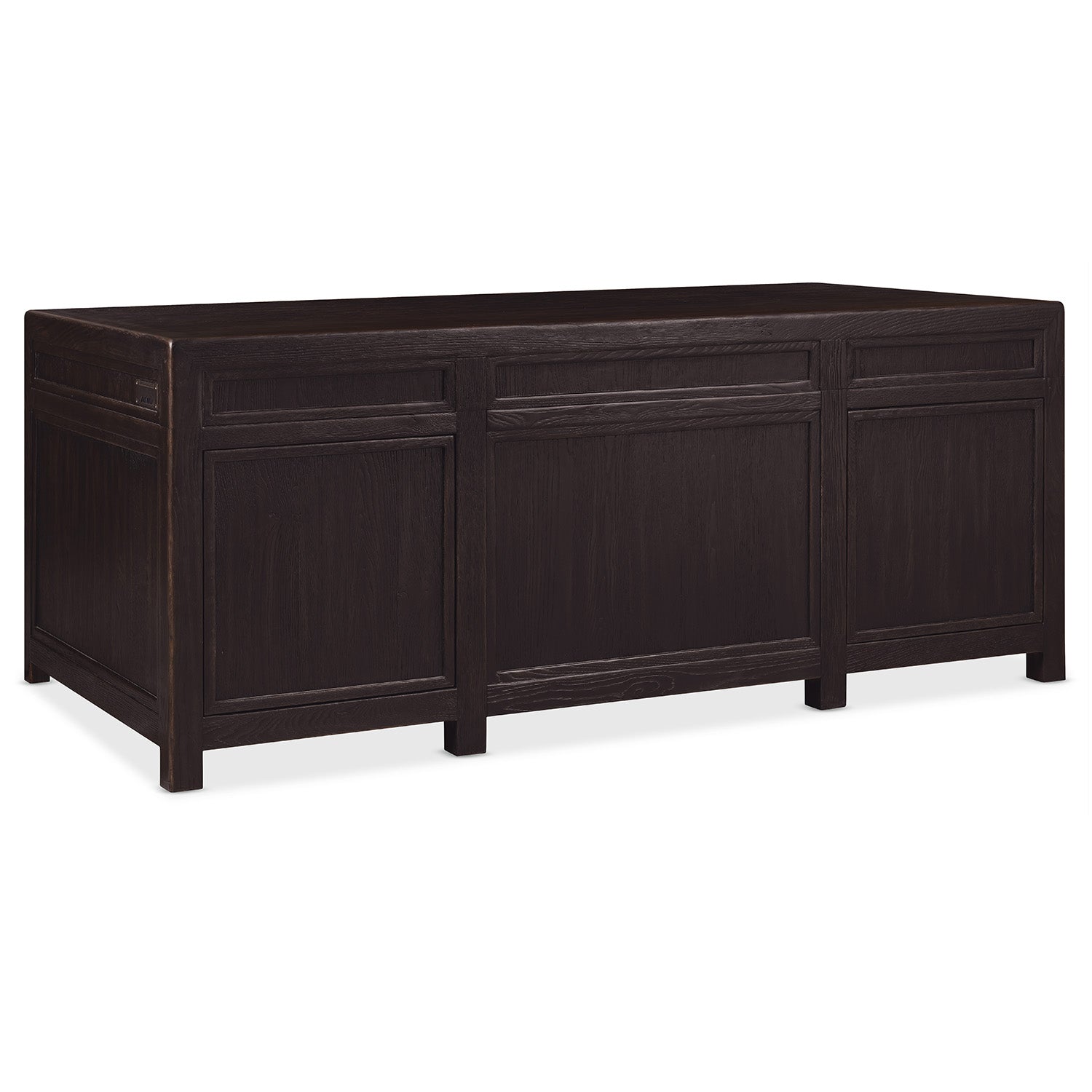 The Driftwood Burnt Timber Executive Desk styled in a room setting for scale and context