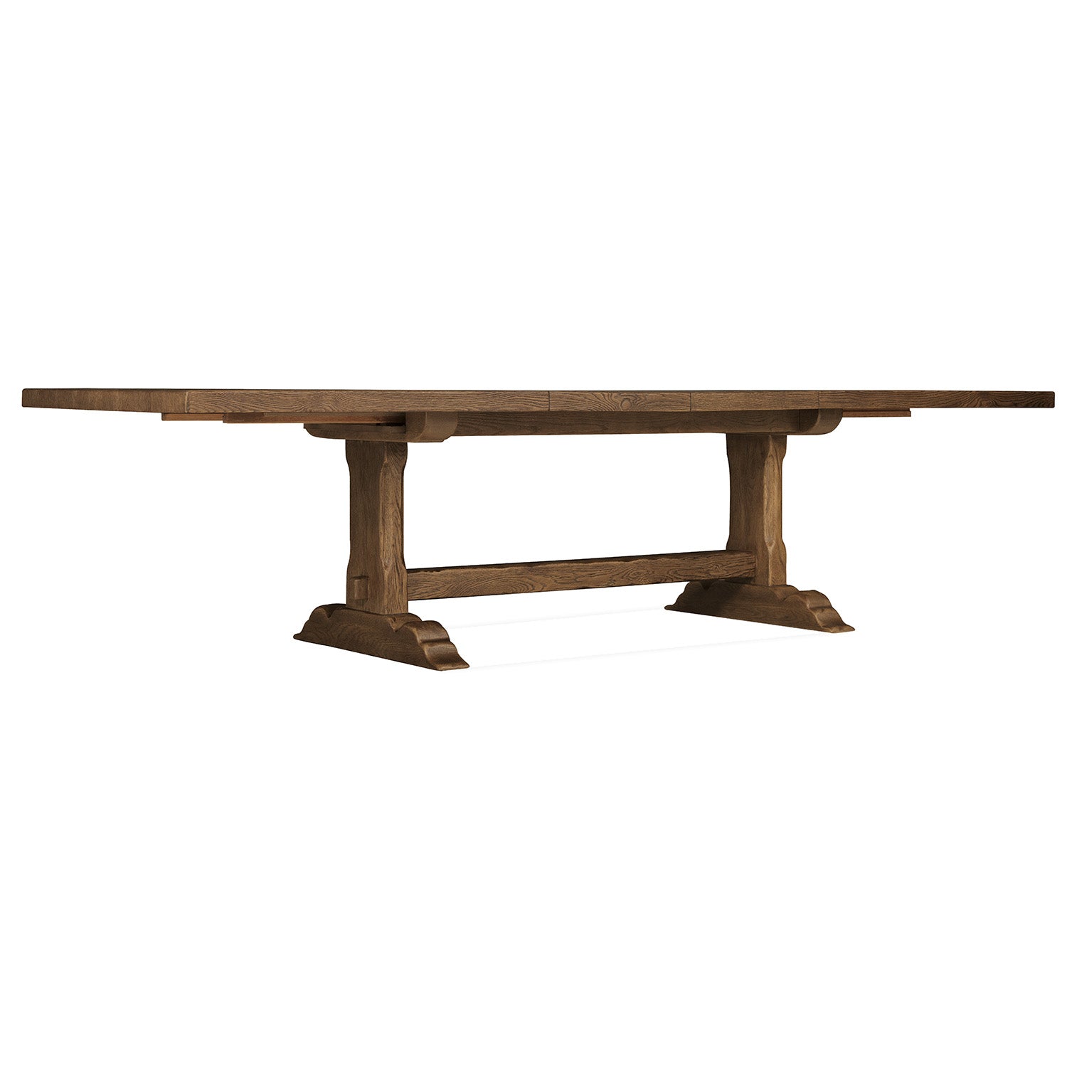Close-up detail of the Driftwood Worn Saddle Rectangle Dining Table with Two 20-inch Leaves Worn Saddle finish and wood grain