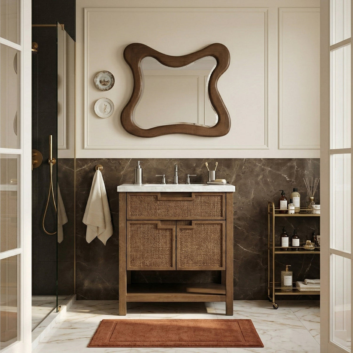 Soren 30in Brown Genuine Carrara Marble Cane And Solid Wood Bathroom Vanity