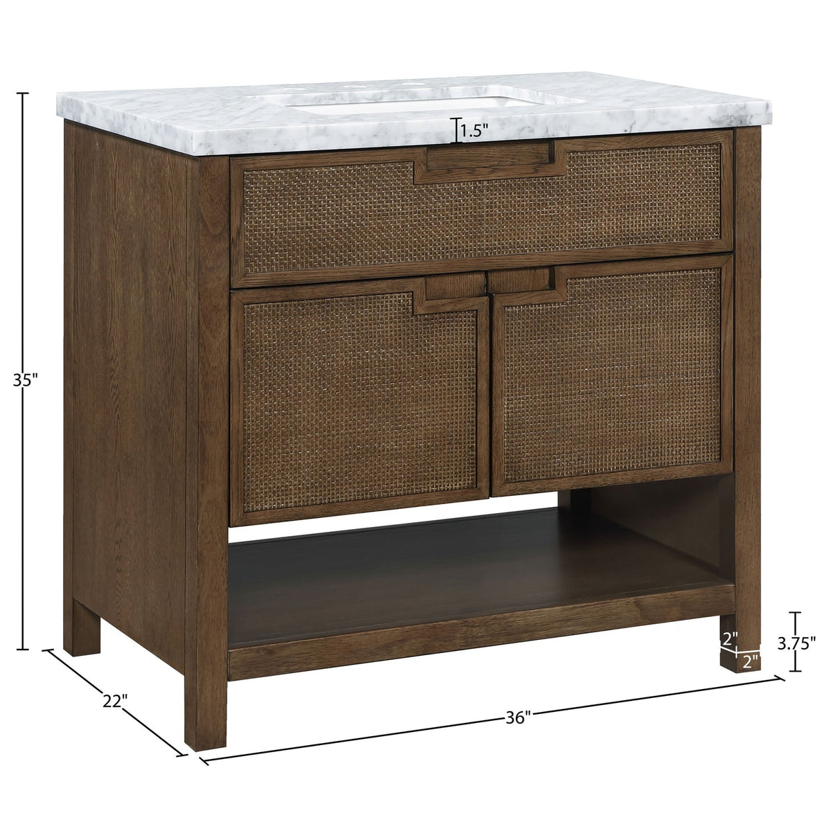 Soren 36in Brown Genuine Carrara Marble Cane And Solid Wood Bathroom Vanity