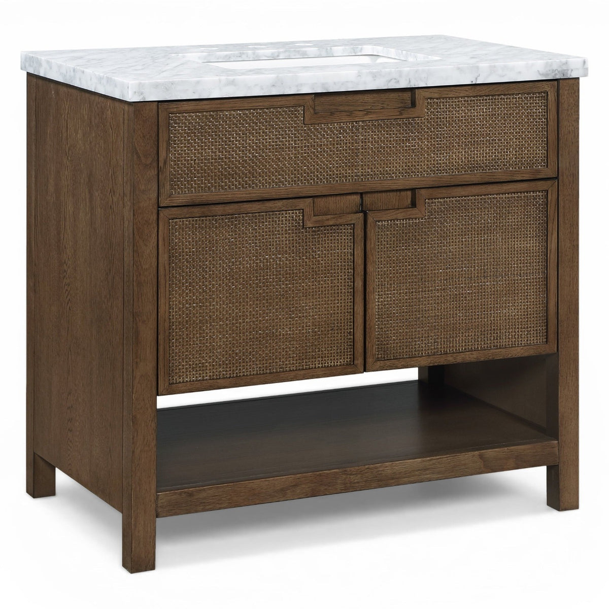 Soren 36" Brown Genuine Carrara Marble, Cane And Solid Wood Bathroom Vanity in brown walnut and marble, product view