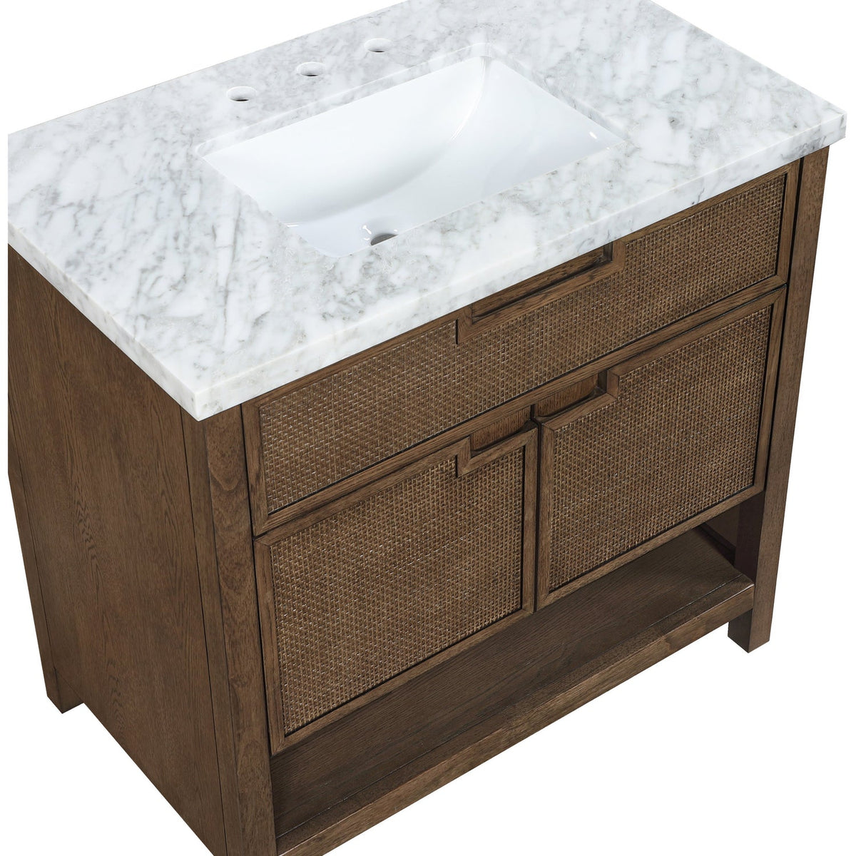 Soren 36in Brown Genuine Carrara Marble Cane And Solid Wood Bathroom Vanity