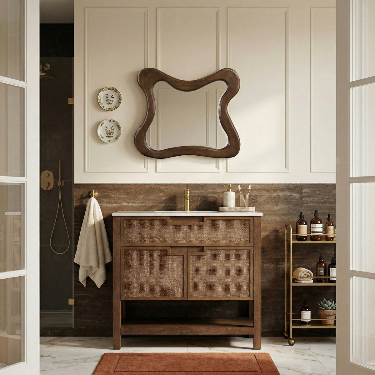 Soren 36in Brown Genuine Carrara Marble Cane And Solid Wood Bathroom Vanity