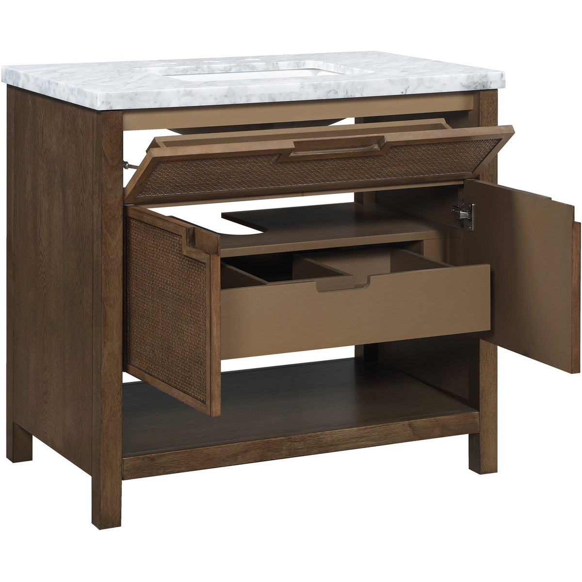 Soren 36in Brown Genuine Carrara Marble Cane And Solid Wood Bathroom Vanity