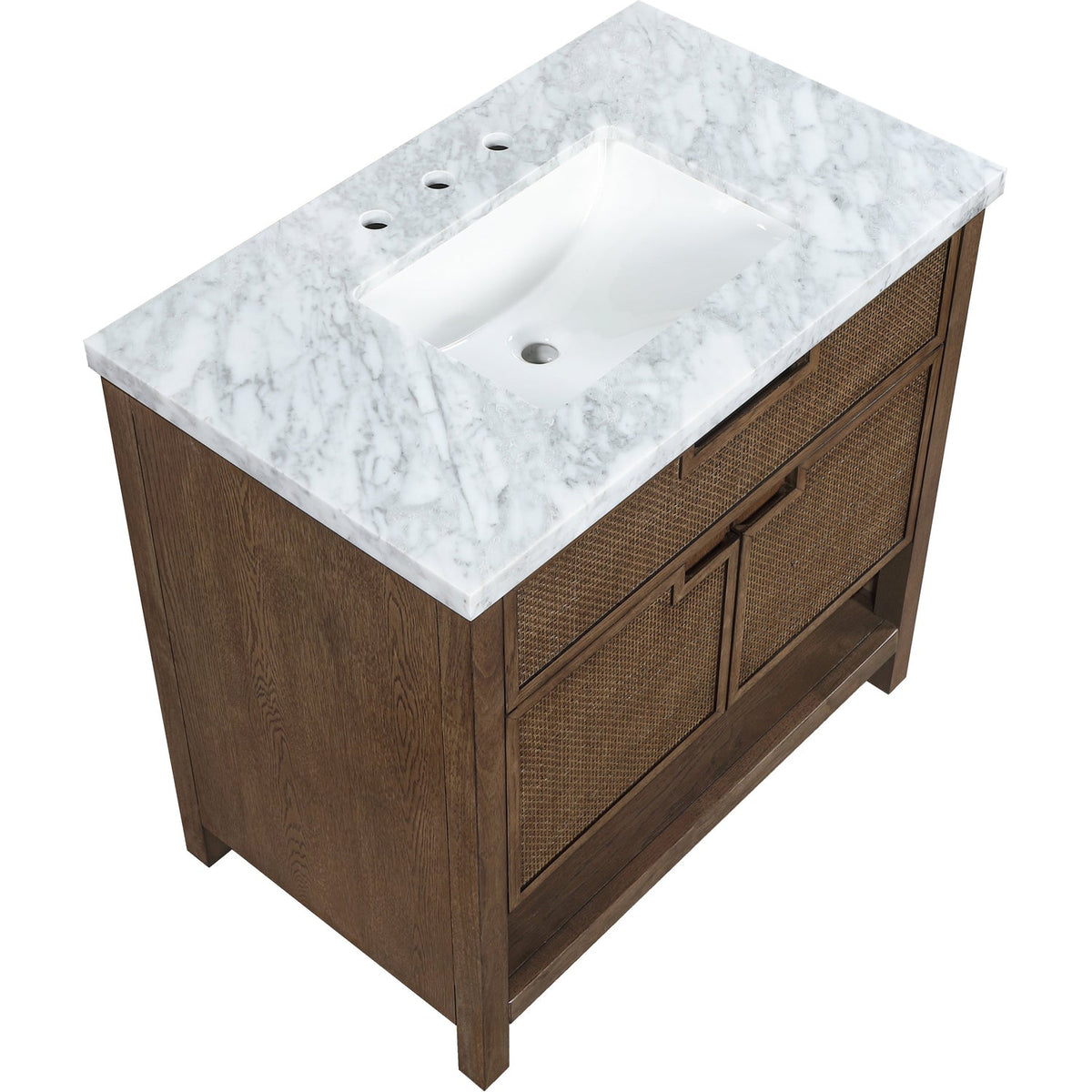 Soren 36in Brown Genuine Carrara Marble Cane And Solid Wood Bathroom Vanity