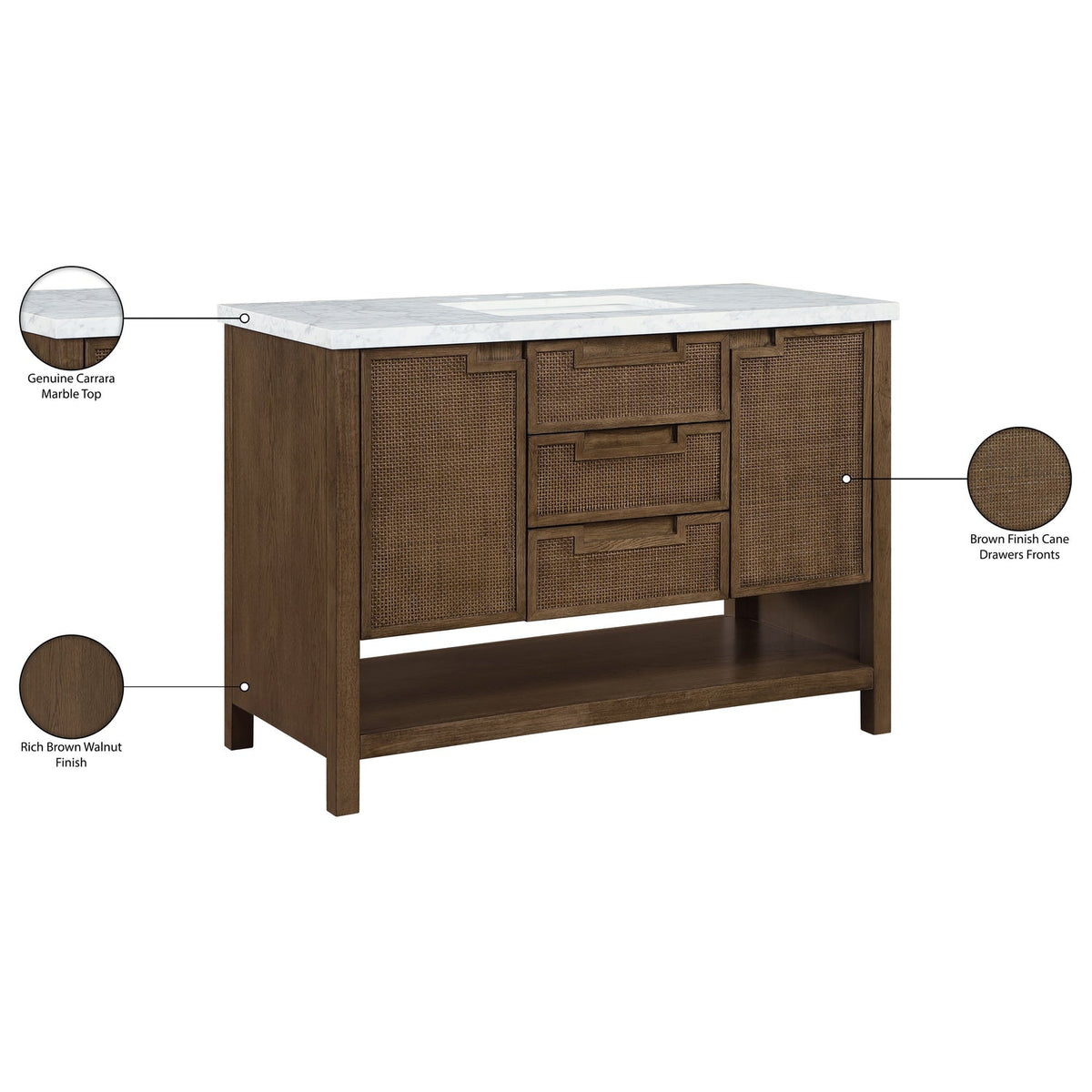 Soren 48in Brown Genuine Carrara Marble Cane And Solid Wood Bathroom Vanity