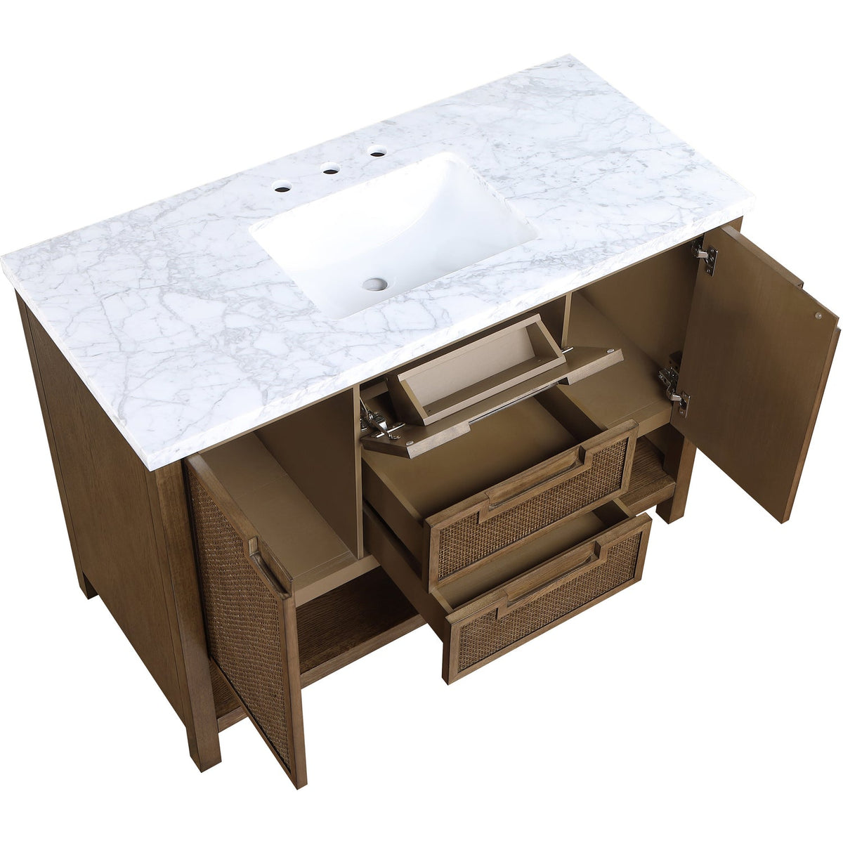 Soren 48in Brown Genuine Carrara Marble Cane And Solid Wood Bathroom Vanity