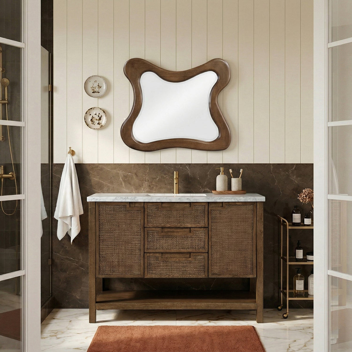 Soren 48in Brown Genuine Carrara Marble Cane And Solid Wood Bathroom Vanity