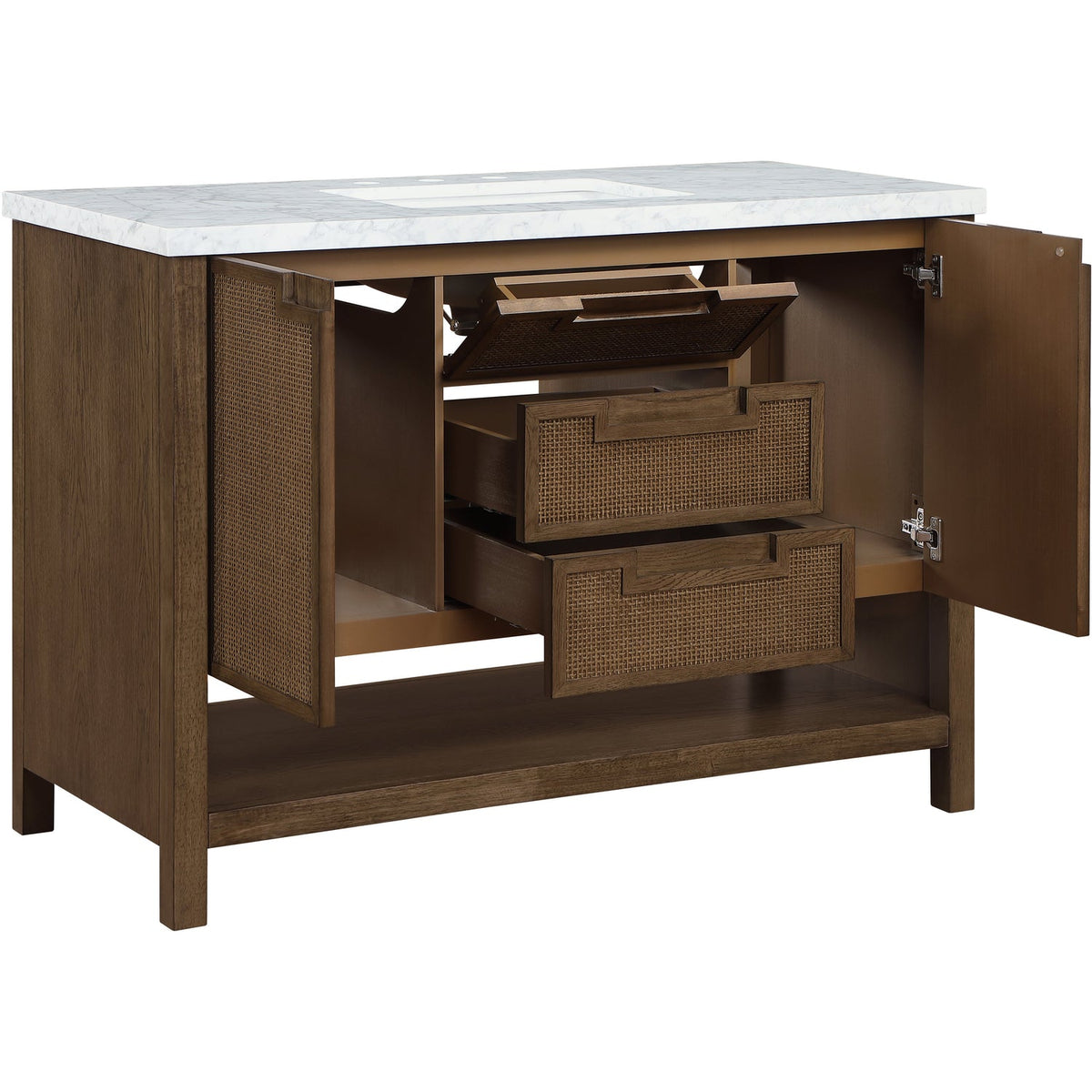 Soren 48in Brown Genuine Carrara Marble Cane And Solid Wood Bathroom Vanity