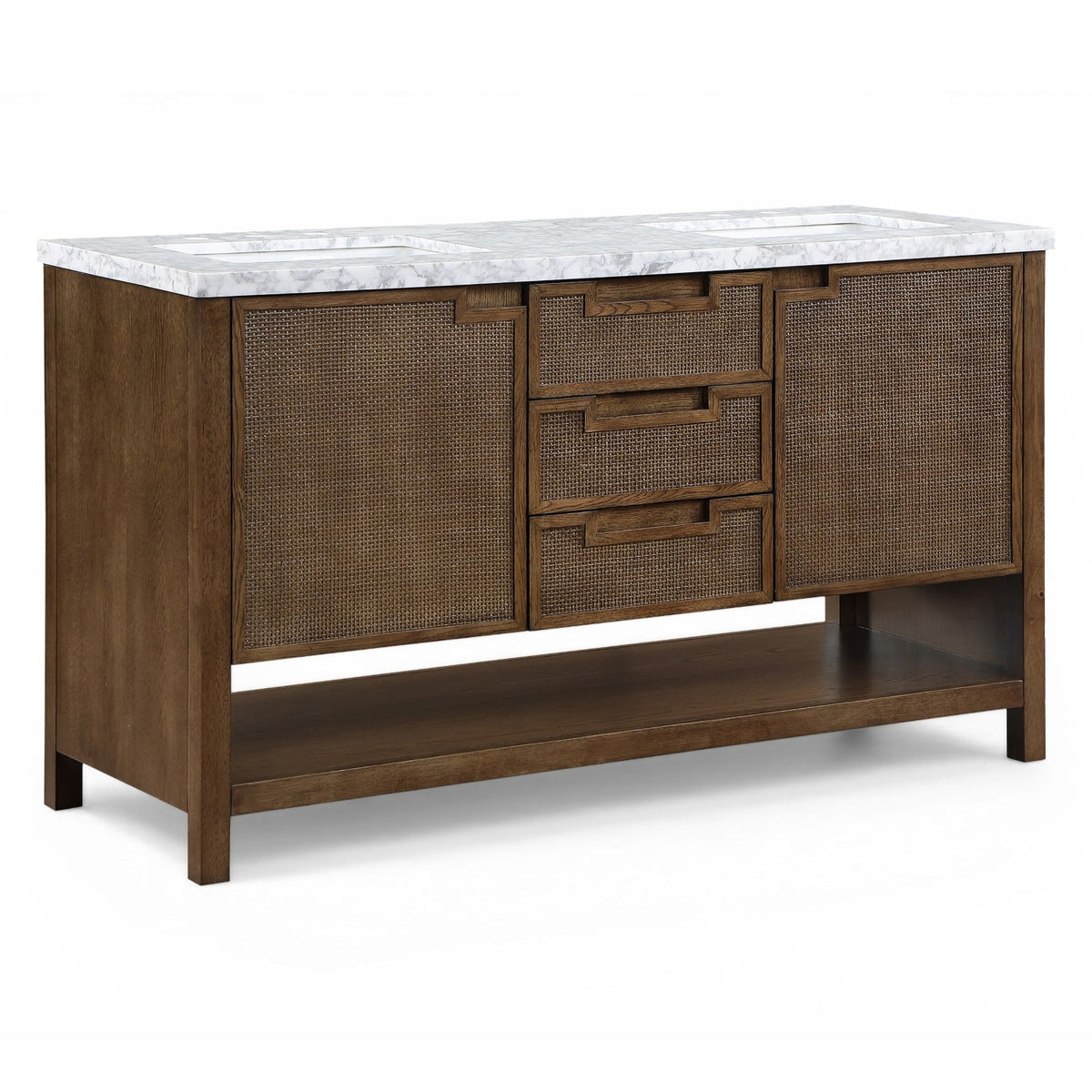 Soren 60" Brown Genuine Carrara Marble, Cane And Solid Wood Bathroom Vanity in brown walnut and marble, product view