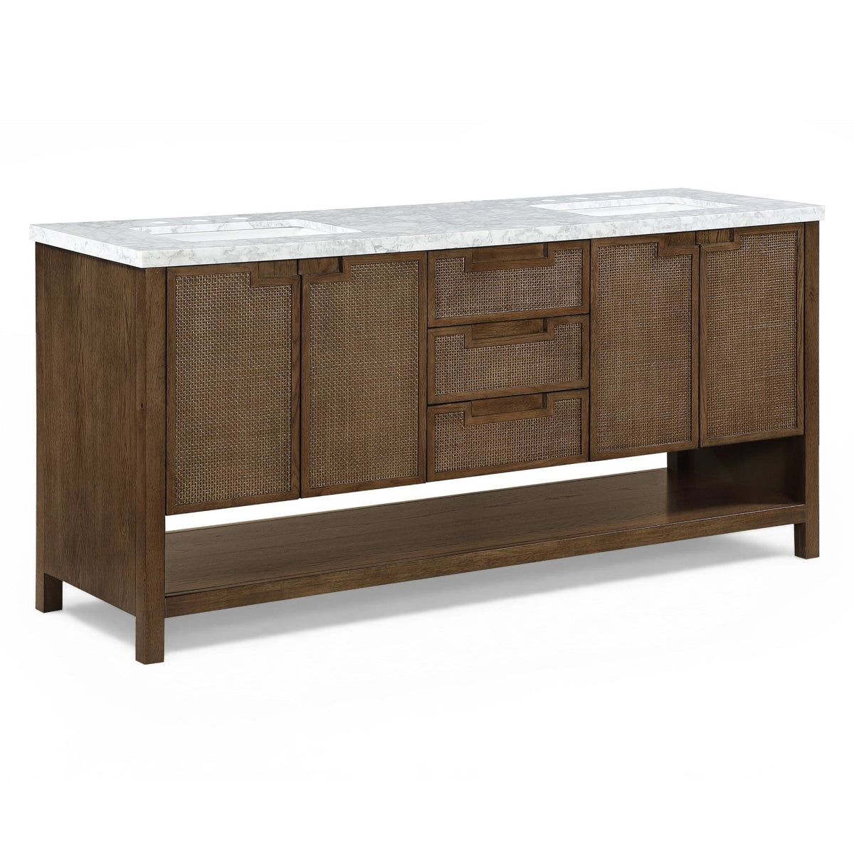 Soren 72" Brown Genuine Carrara Marble, Cane And Solid Wood Bathroom Vanity in brown walnut and marble, product view