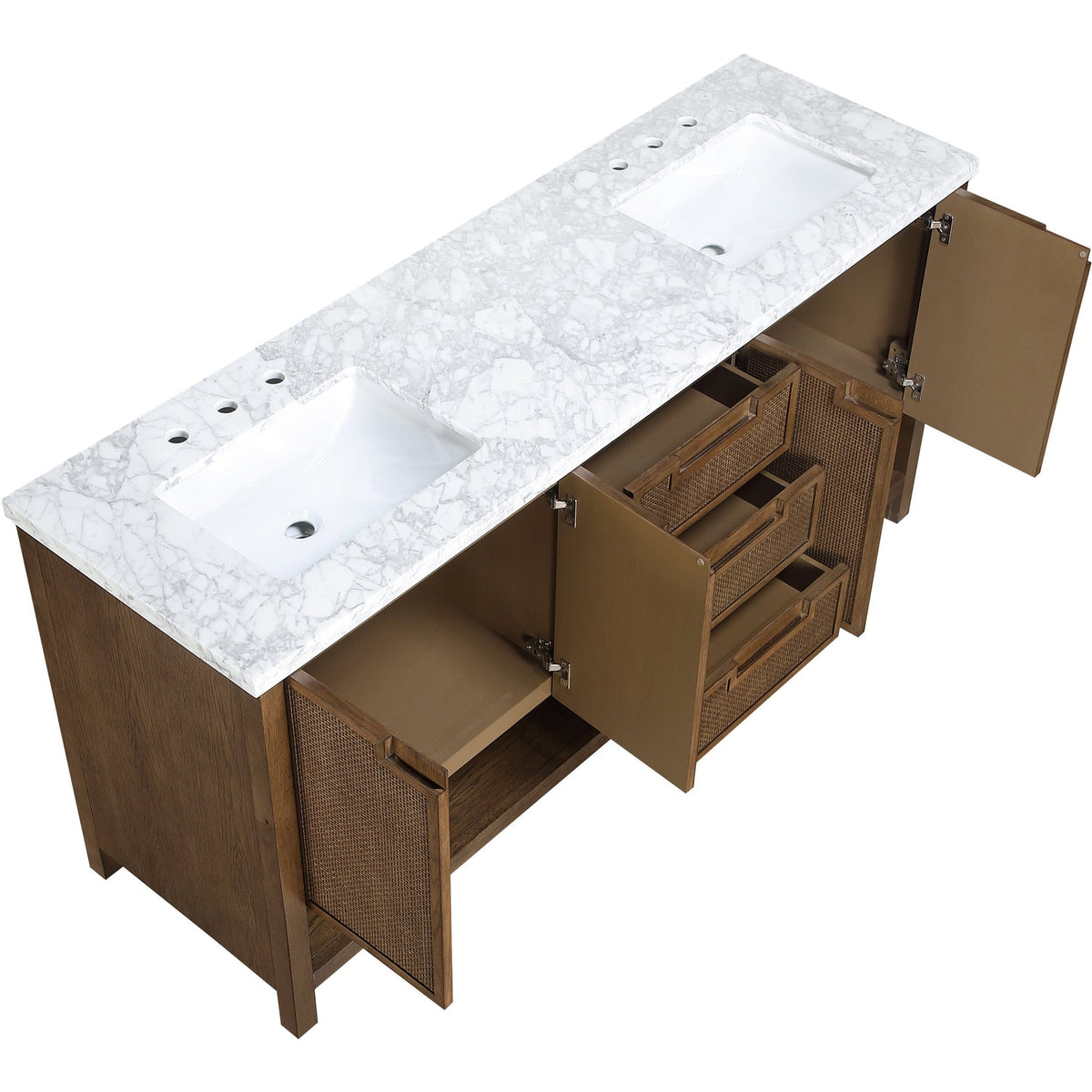 Soren 72in Brown Genuine Carrara Marble Cane And Solid Wood Bathroom Vanity