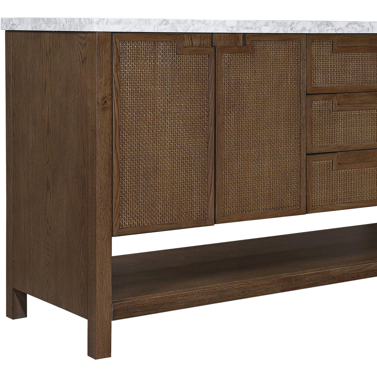 Soren 72in Brown Genuine Carrara Marble Cane And Solid Wood Bathroom Vanity