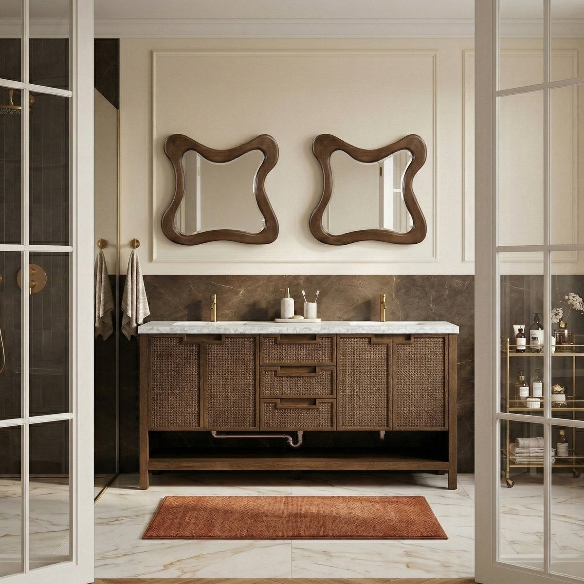Soren 72in Brown Genuine Carrara Marble Cane And Solid Wood Bathroom Vanity