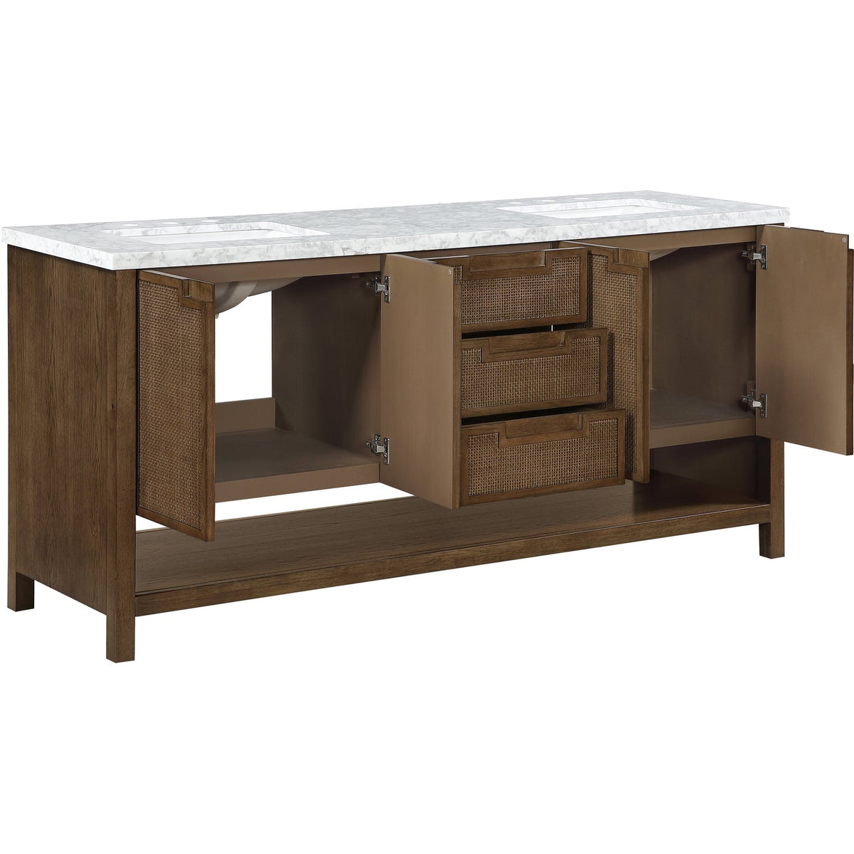 Soren 72in Brown Genuine Carrara Marble Cane And Solid Wood Bathroom Vanity