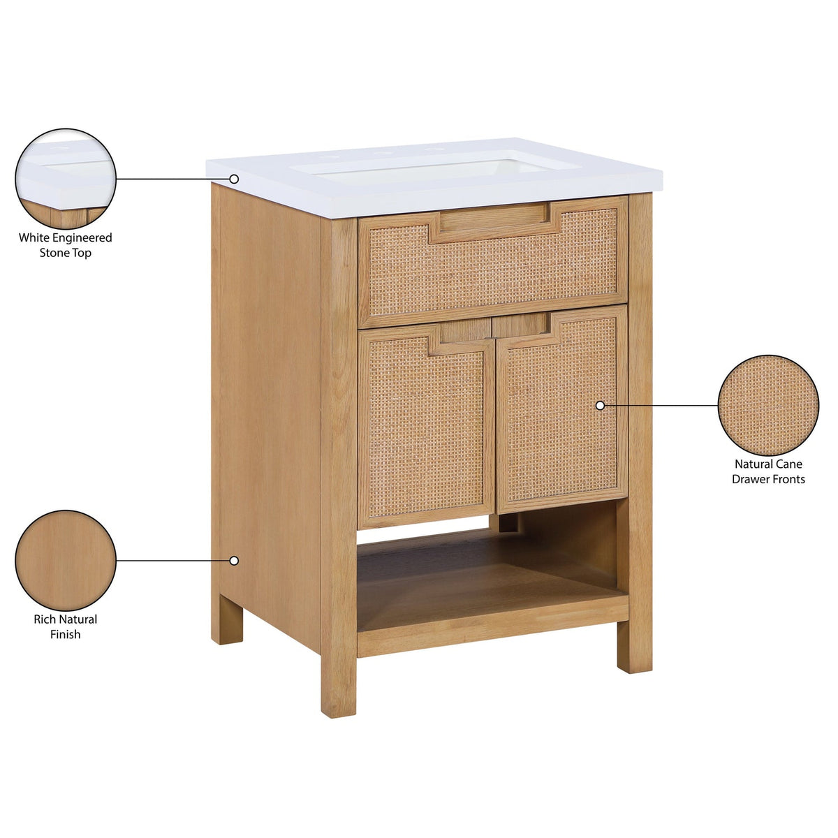 Soren 24in Natural Engineered Stone Cane And Solid Wood Bathroom Vanity