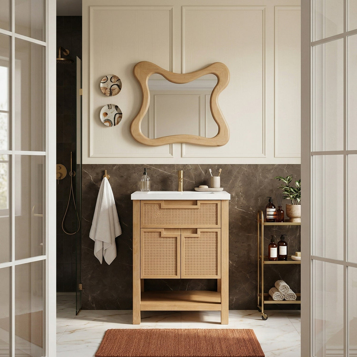 Soren 24in Natural Engineered Stone Cane And Solid Wood Bathroom Vanity
