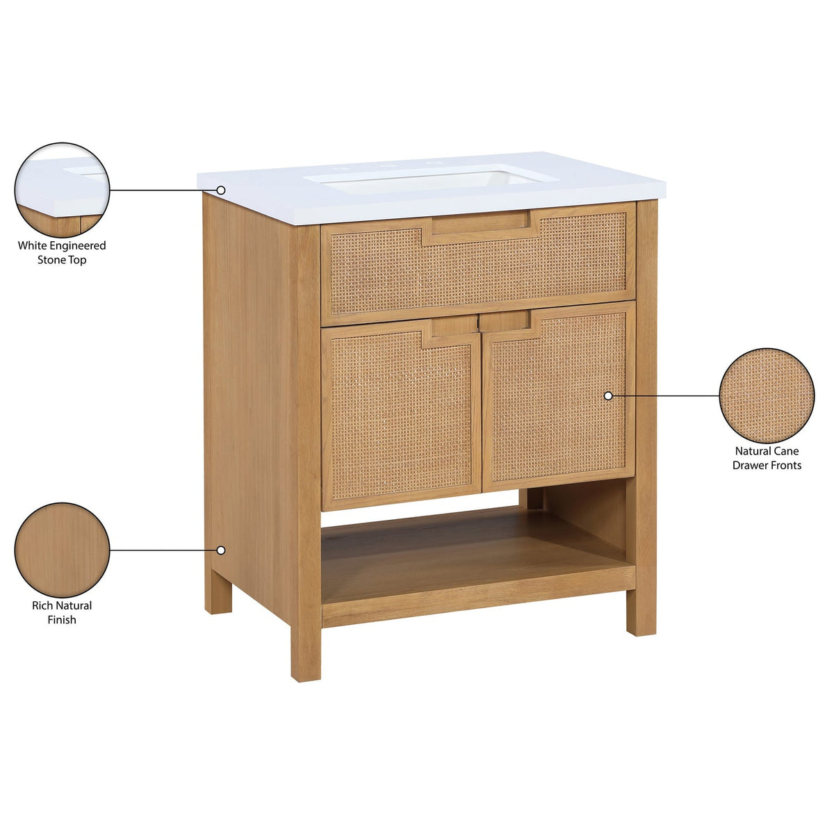 Soren 30in Natural Engineered Stone Cane And Solid Wood Bathroom Vanity