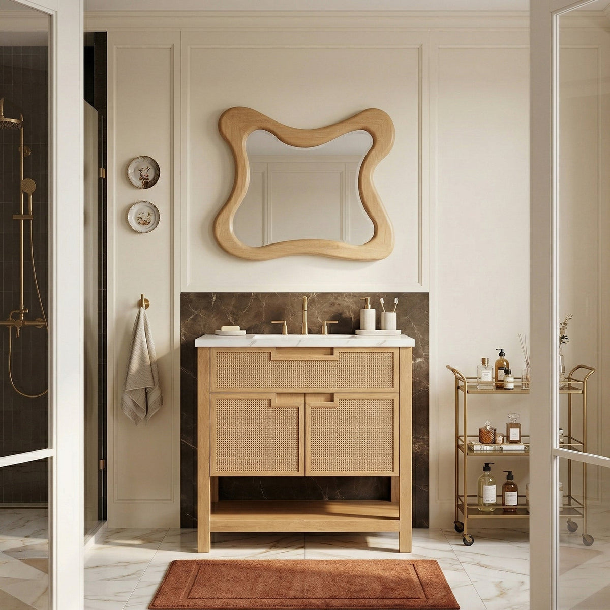 Soren 30in Natural Engineered Stone Cane And Solid Wood Bathroom Vanity