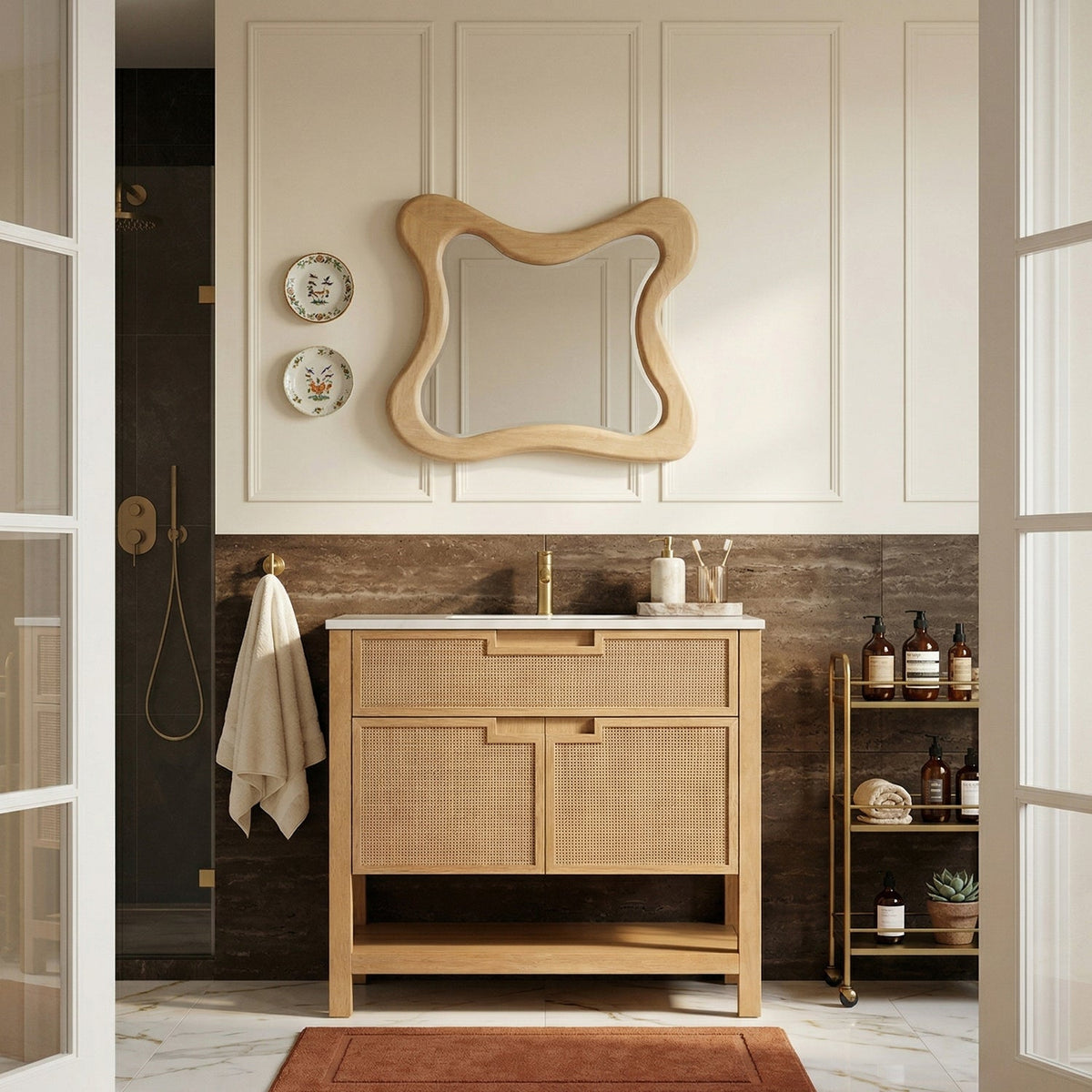 Soren 36in Natural Engineered Stone Cane And Solid Wood Bathroom Vanity