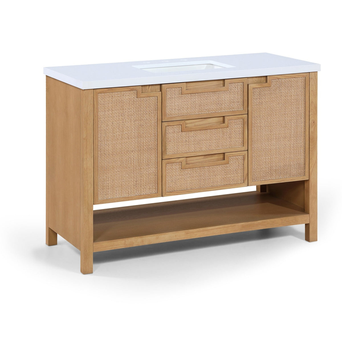 Soren 48" Natural Engineered Stone, Cane And Solid Wood Bathroom Vanity in natural cane and white stone, product view