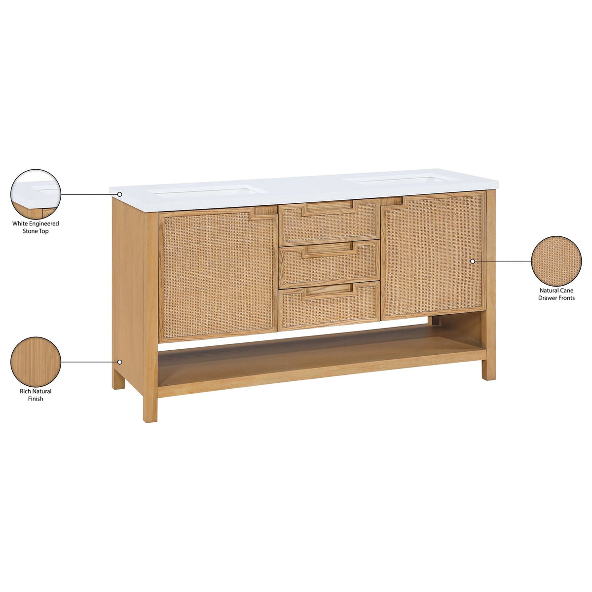 Soren 60in Natural Engineered Stone Cane And Solid Wood Bathroom Vanity