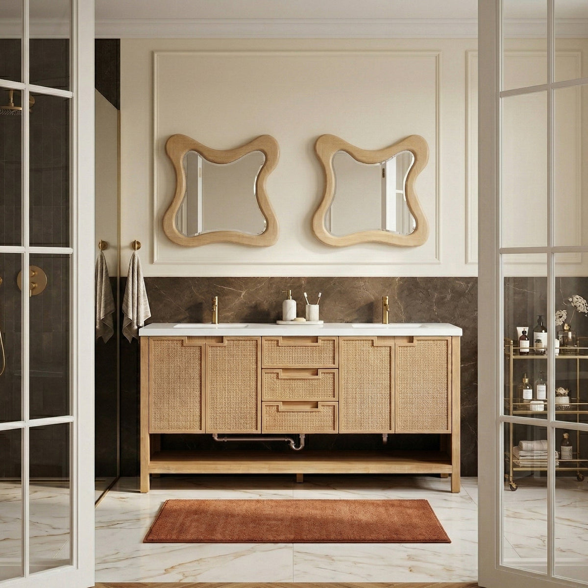Soren 72in Natural Engineered Stone Cane And Solid Wood Bathroom Vanity