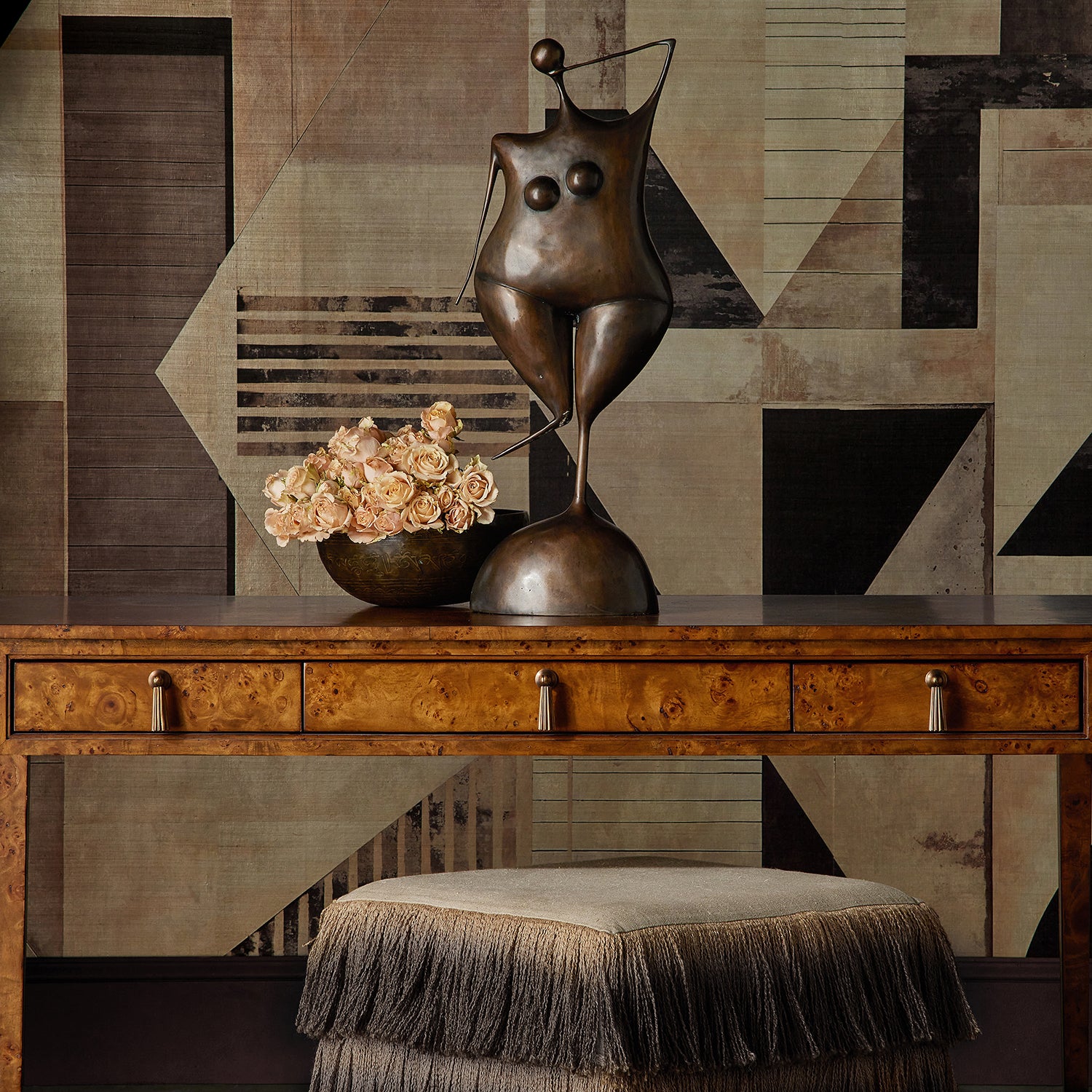 Currey & Co Jute Black Fringe Ottoman