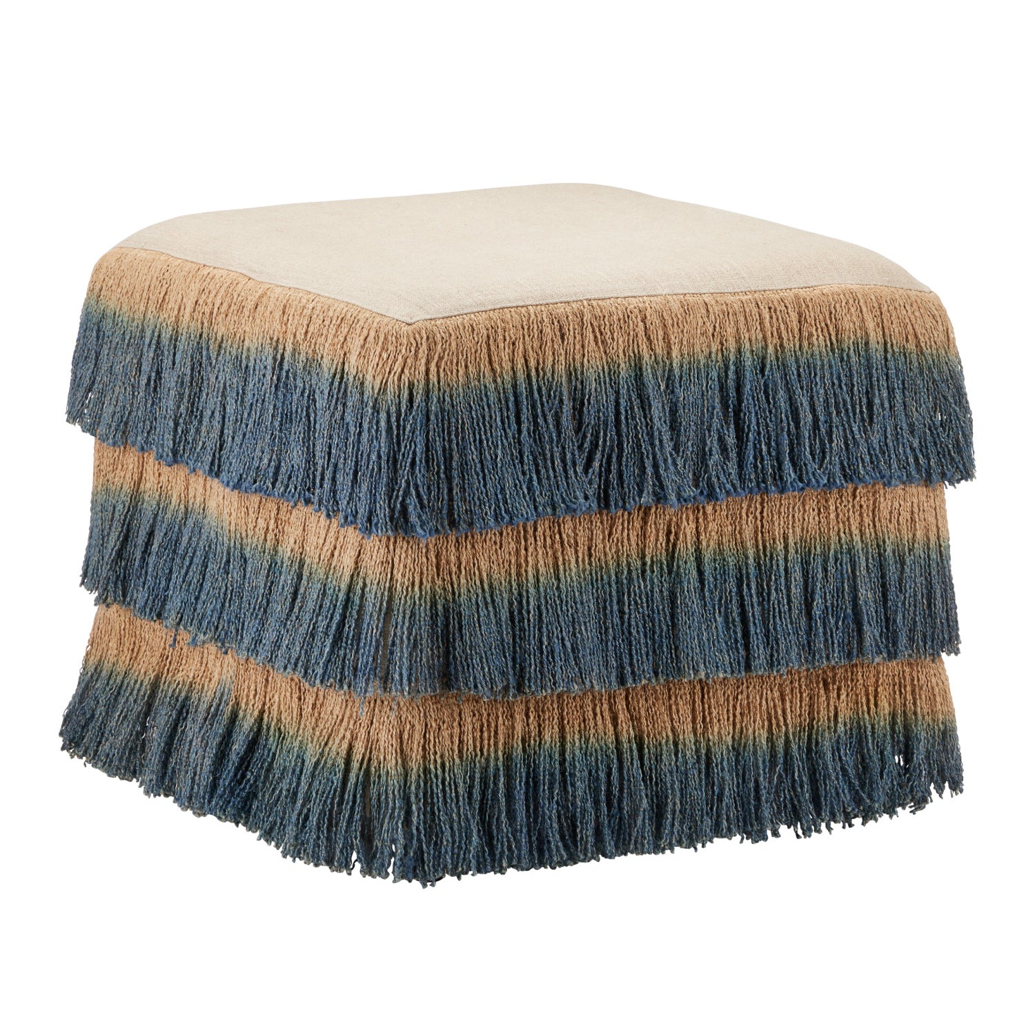 Currey & Co Jute Blue Fringe Ottoman