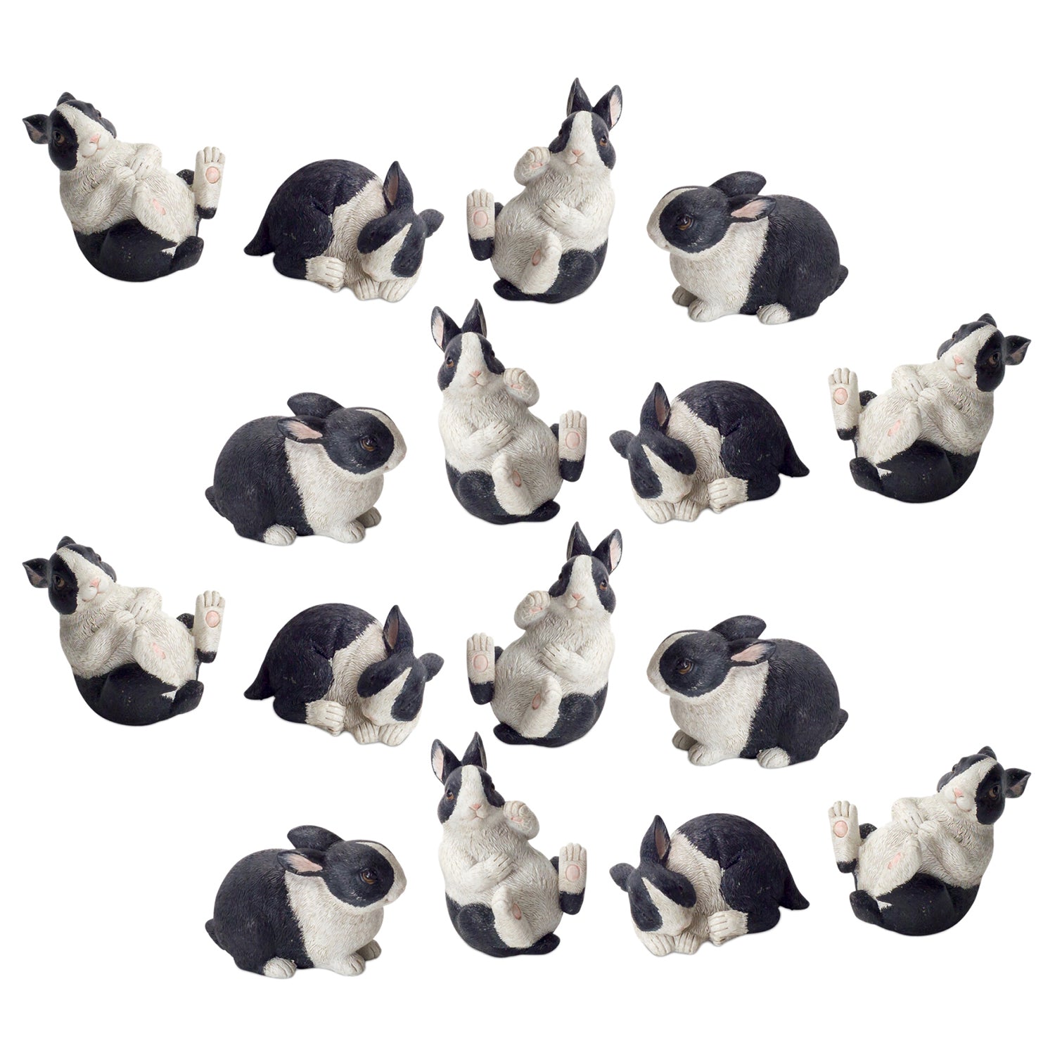 Black and White Playful Rabbit Figurine Set of 16