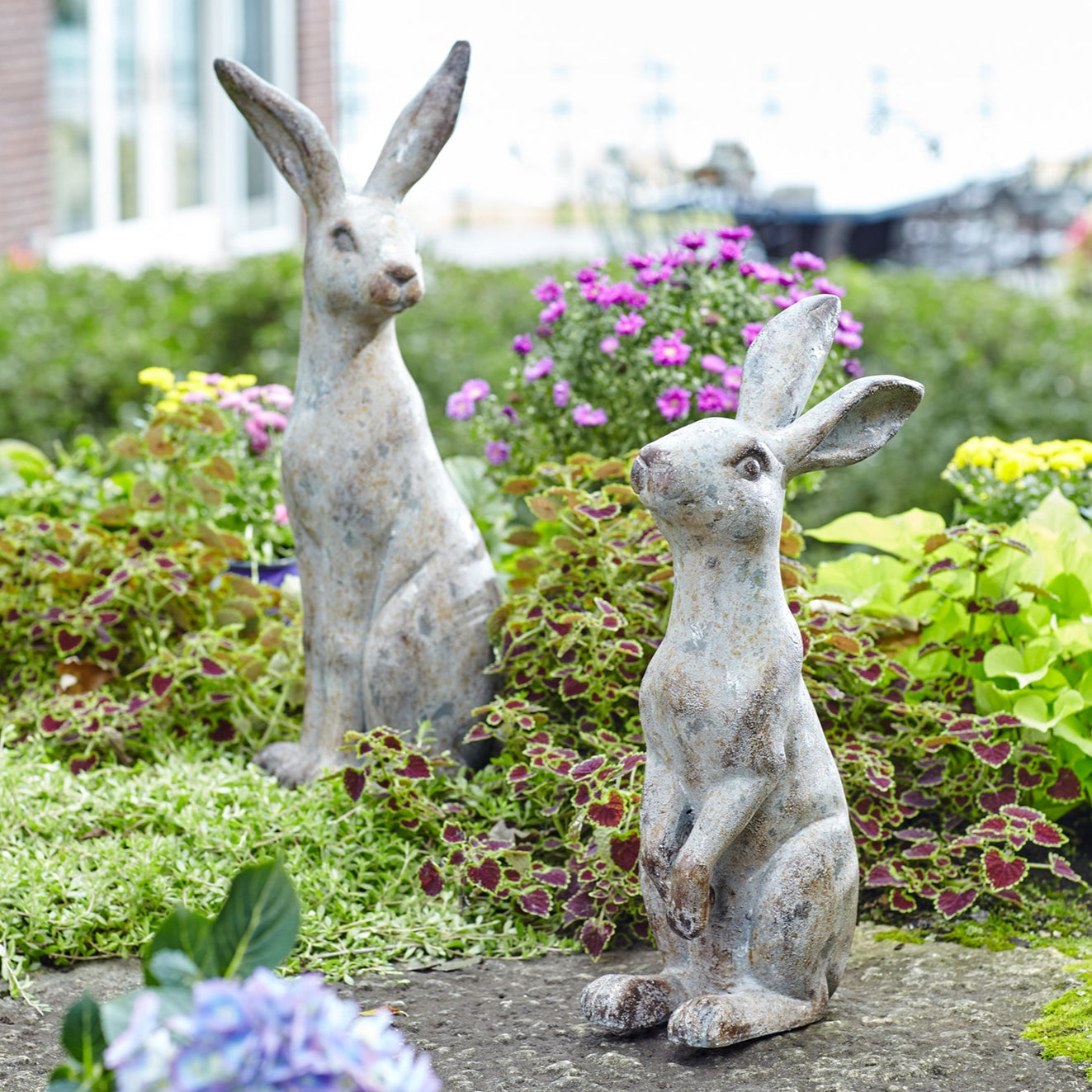 Weathered Stone Standing Garden Rabbit Figurine Set of 2