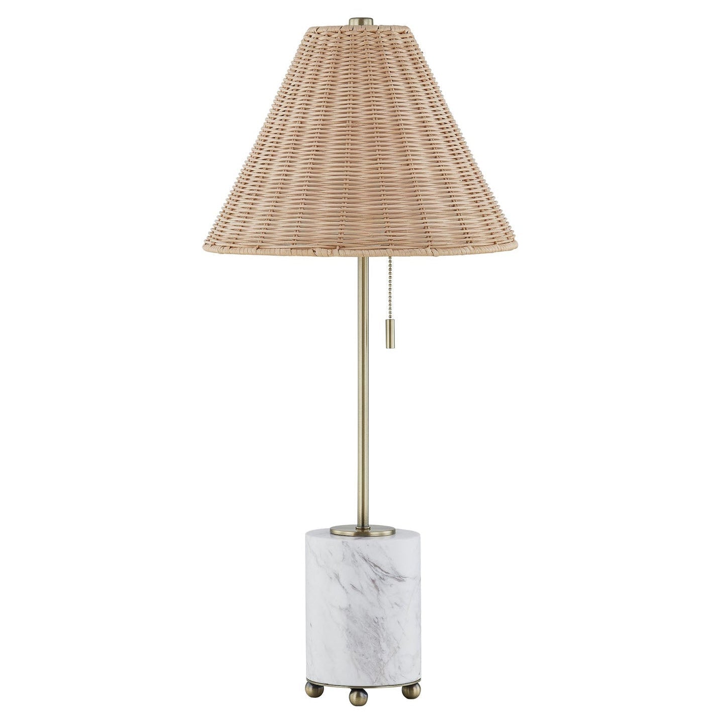 Forty West Judith buffet lamp with marble base and woven rattan shade, front view