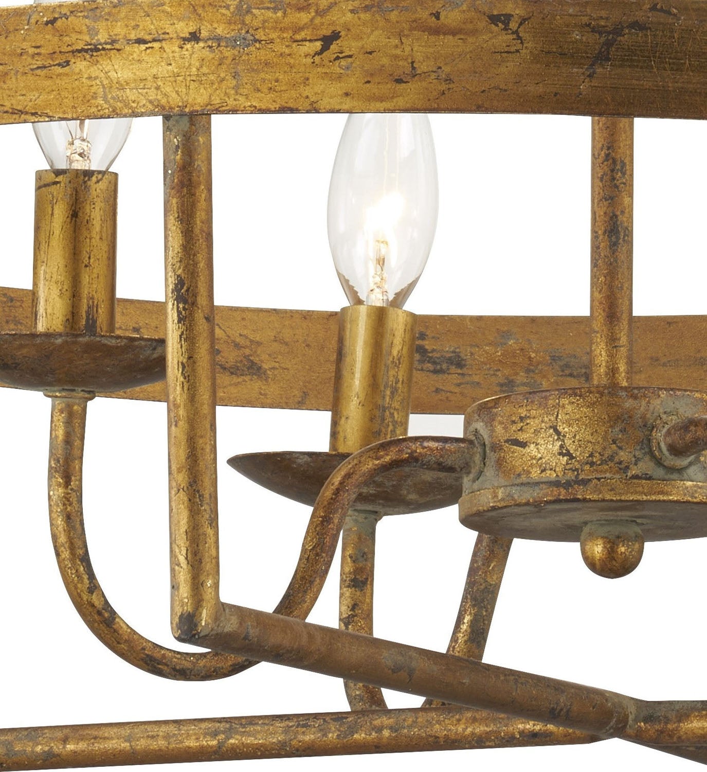 Close-up of the distressed antique gold metal base of the Forty West Cleo Semi-Flush/Convertible