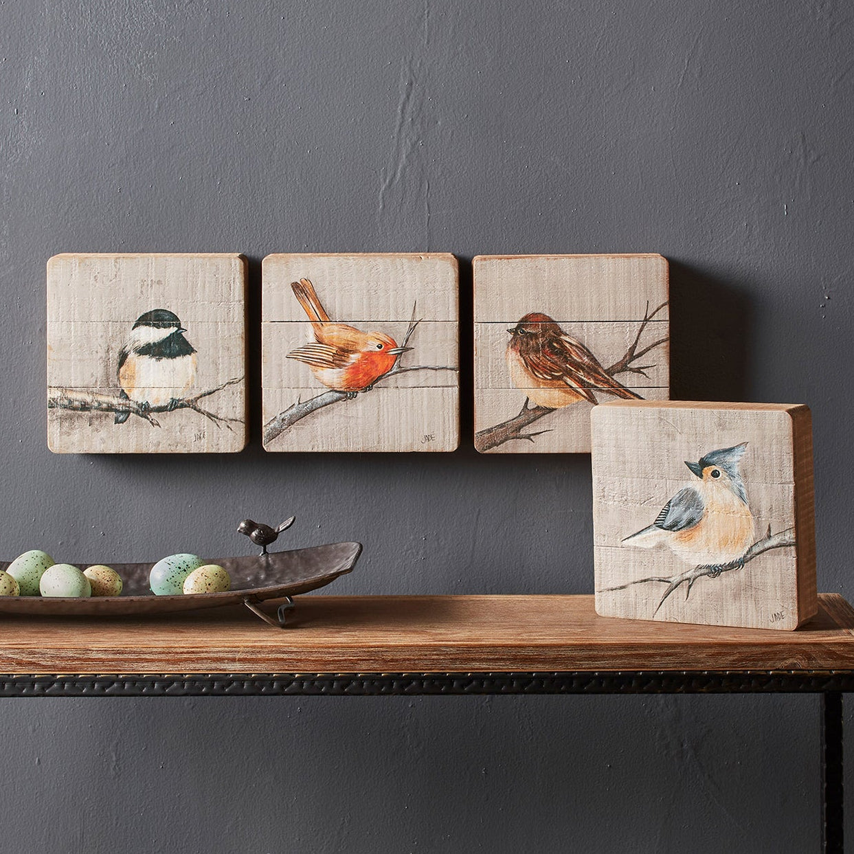 Rustic Wood Bird Plaque Set of 4