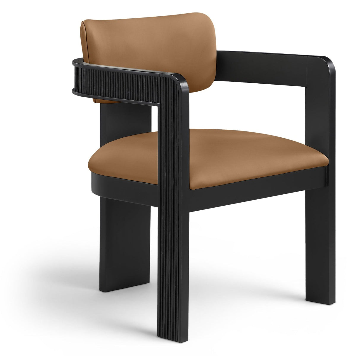 Sacha Cognac Vegan Leather Upholstered Dining Chair, Set of 2 in cognac, fluted solid wood black finish, primary product view