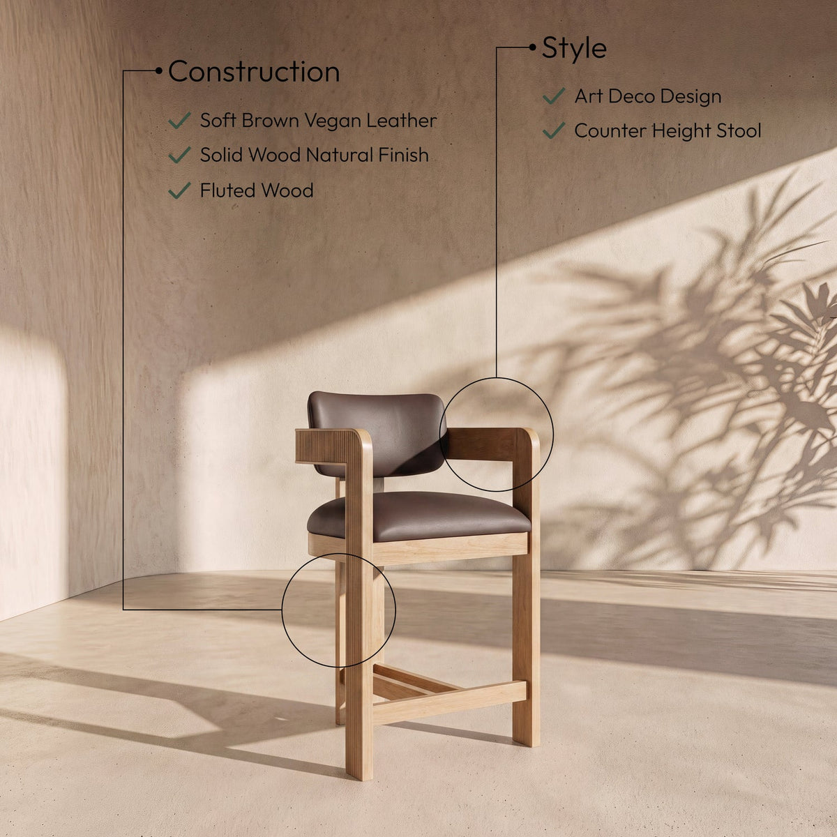 Sacha Brown Vegan Leather Upholstered Counter Stool Set of 2