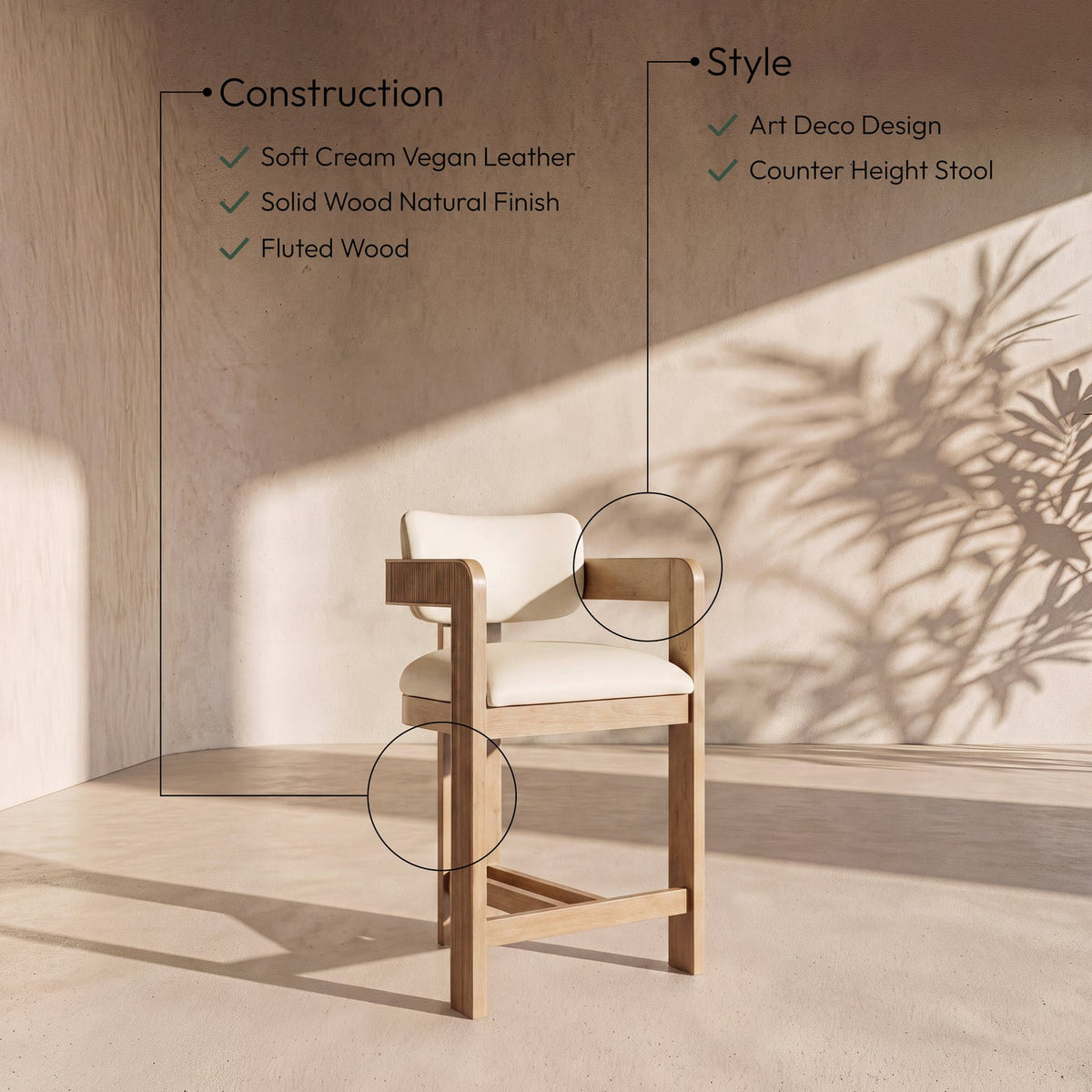 Sacha Cream Vegan Leather Upholstered Counter Stool Set of 2