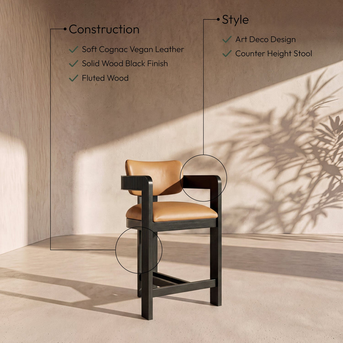 Sacha Cognac Vegan Leather Upholstered Counter Stool Set of 2